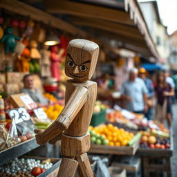 A wooden figure resembling a humanoid character, stealthily stealing goods from a market stall