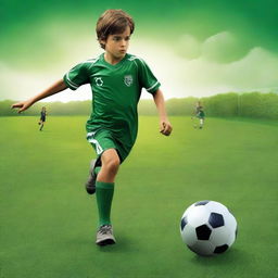 A captivating digital art movie poster featuring a young boy playing soccer on a lush green field