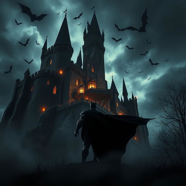 A dark and eerie castle towering against a stormy sky, with ominous shadows and flickering lanterns illuminating the stone walls