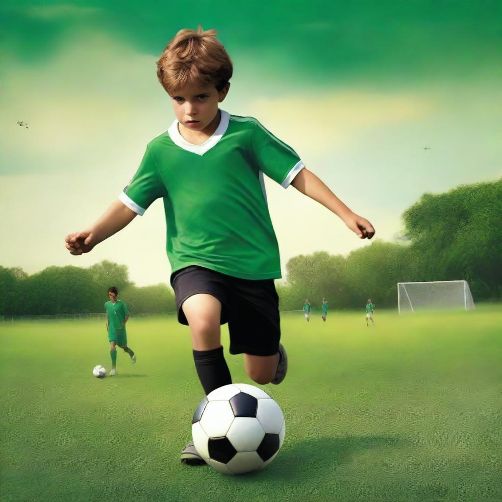 A captivating digital art movie poster featuring a young boy playing soccer on a lush green field