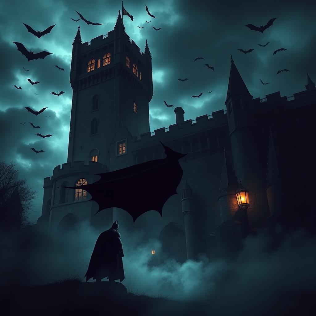 A dark and eerie castle towering against a stormy sky, with ominous shadows and flickering lanterns illuminating the stone walls