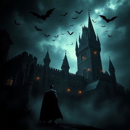 A dark and eerie castle towering against a stormy sky, with ominous shadows and flickering lanterns illuminating the stone walls