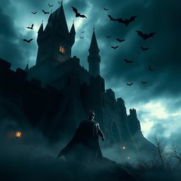 A dark and eerie castle towering against a stormy sky, with ominous shadows and flickering lanterns illuminating the stone walls