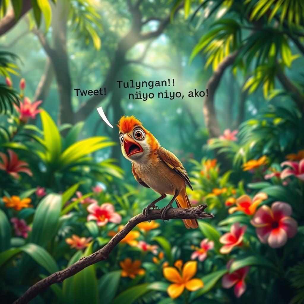 A frightened bird perched on a branch, shouting "Tweet! Tweet! Tulungan niyo ako!" in a colorful, tropical forest