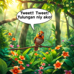 A frightened bird perched on a branch, shouting "Tweet! Tweet! Tulungan niyo ako!" in a colorful, tropical forest