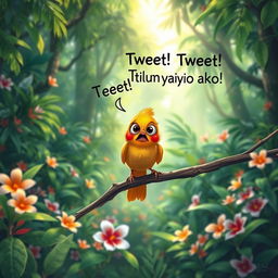 A frightened bird perched on a branch, shouting "Tweet! Tweet! Tulungan niyo ako!" in a colorful, tropical forest
