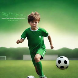 A captivating digital art movie poster featuring a young boy playing soccer on a lush green field