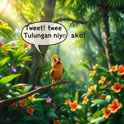 A frightened bird perched on a branch, shouting "Tweet! Tweet! Tulungan niyo ako!" in a colorful, tropical forest