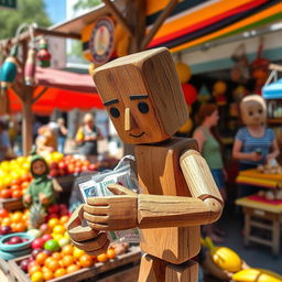 A wooden figure designed to look like a humanoid character, cleverly stealing items from a colorful market stall