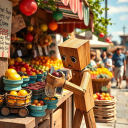 A wooden figure designed to look like a humanoid character, cleverly stealing items from a colorful market stall