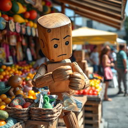 A wooden figure designed to look like a humanoid character, cleverly stealing items from a colorful market stall