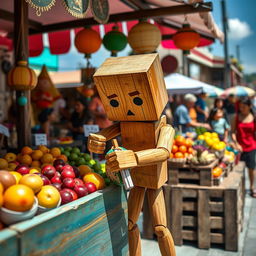 A wooden figure designed to look like a humanoid character, cleverly stealing items from a colorful market stall