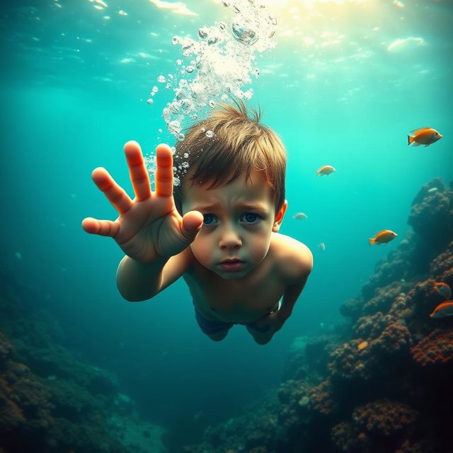 A little boy submerged deep in the ocean, his hand reaching out towards the surface, surrounded by vibrant coral reefs and swimming fish