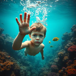 A little boy submerged deep in the ocean, his hand reaching out towards the surface, surrounded by vibrant coral reefs and swimming fish