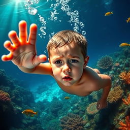 A little boy submerged deep in the ocean, his hand reaching out towards the surface, surrounded by vibrant coral reefs and swimming fish