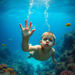 A little boy submerged deep in the ocean, his hand reaching out towards the surface, surrounded by vibrant coral reefs and swimming fish