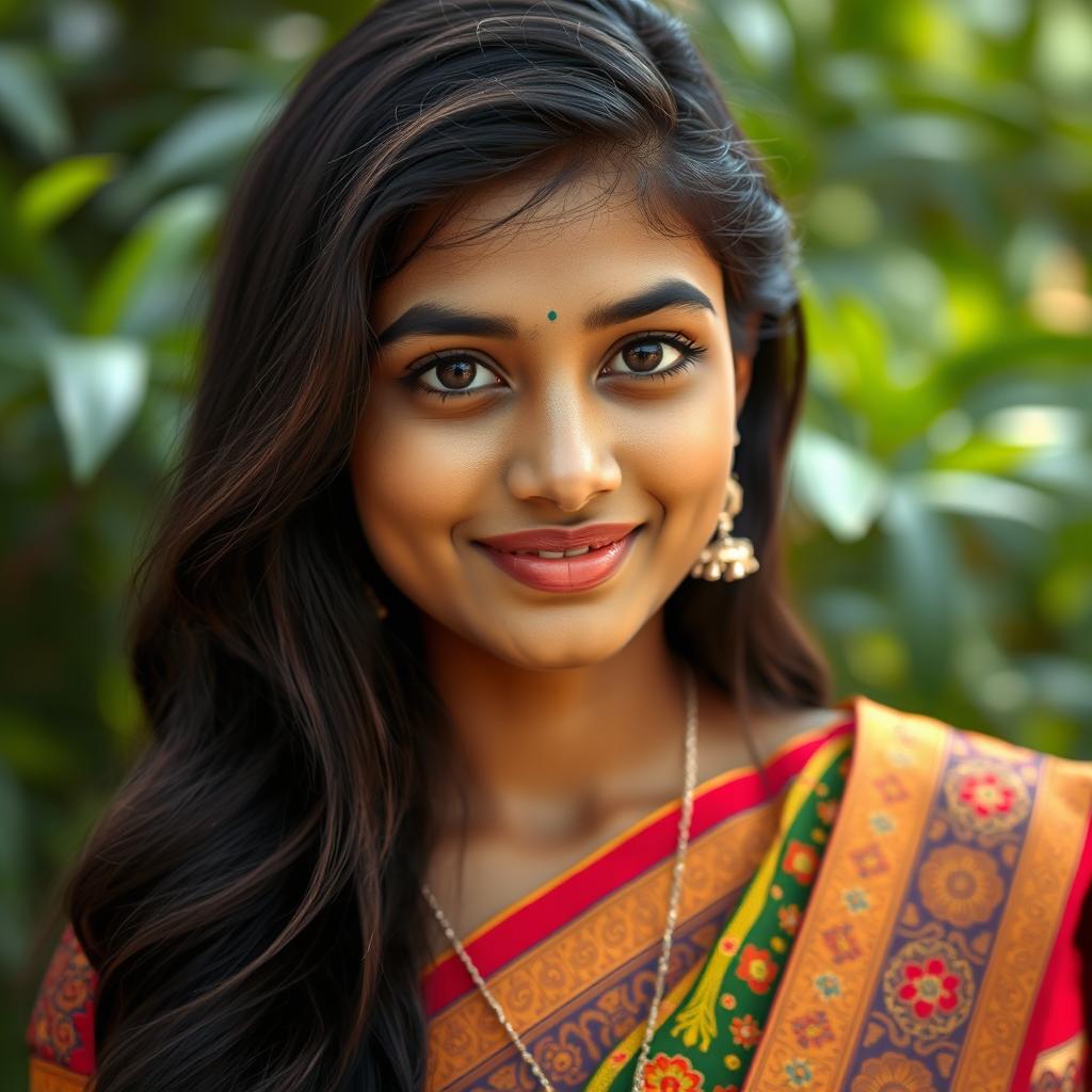 A realistic portrait of a 19-year-old Bangladeshi woman, showcasing her traditional attire with intricate patterns, wearing a vibrant sari adorned with beautiful embroidery