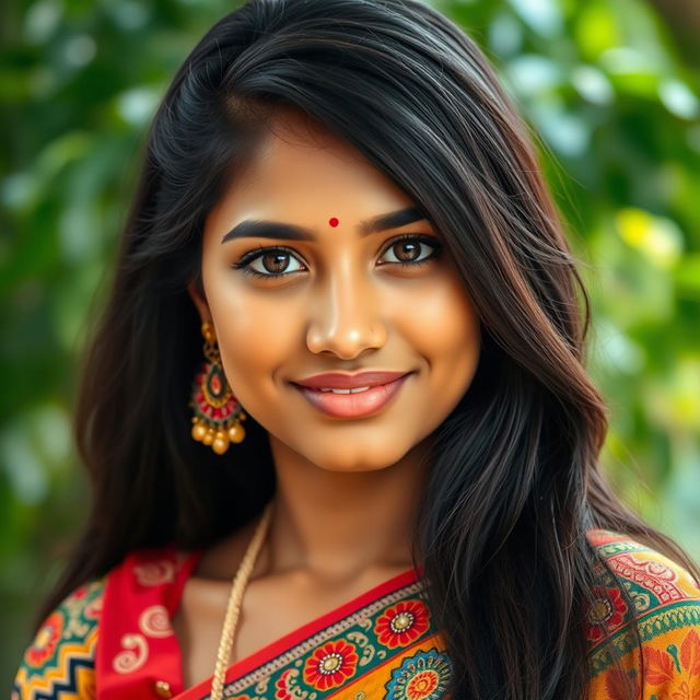 A realistic portrait of a 19-year-old Bangladeshi woman, showcasing her traditional attire with intricate patterns, wearing a vibrant sari adorned with beautiful embroidery
