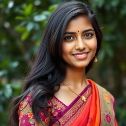 A realistic portrait of a 19-year-old Bangladeshi woman, showcasing her traditional attire with intricate patterns, wearing a vibrant sari adorned with beautiful embroidery