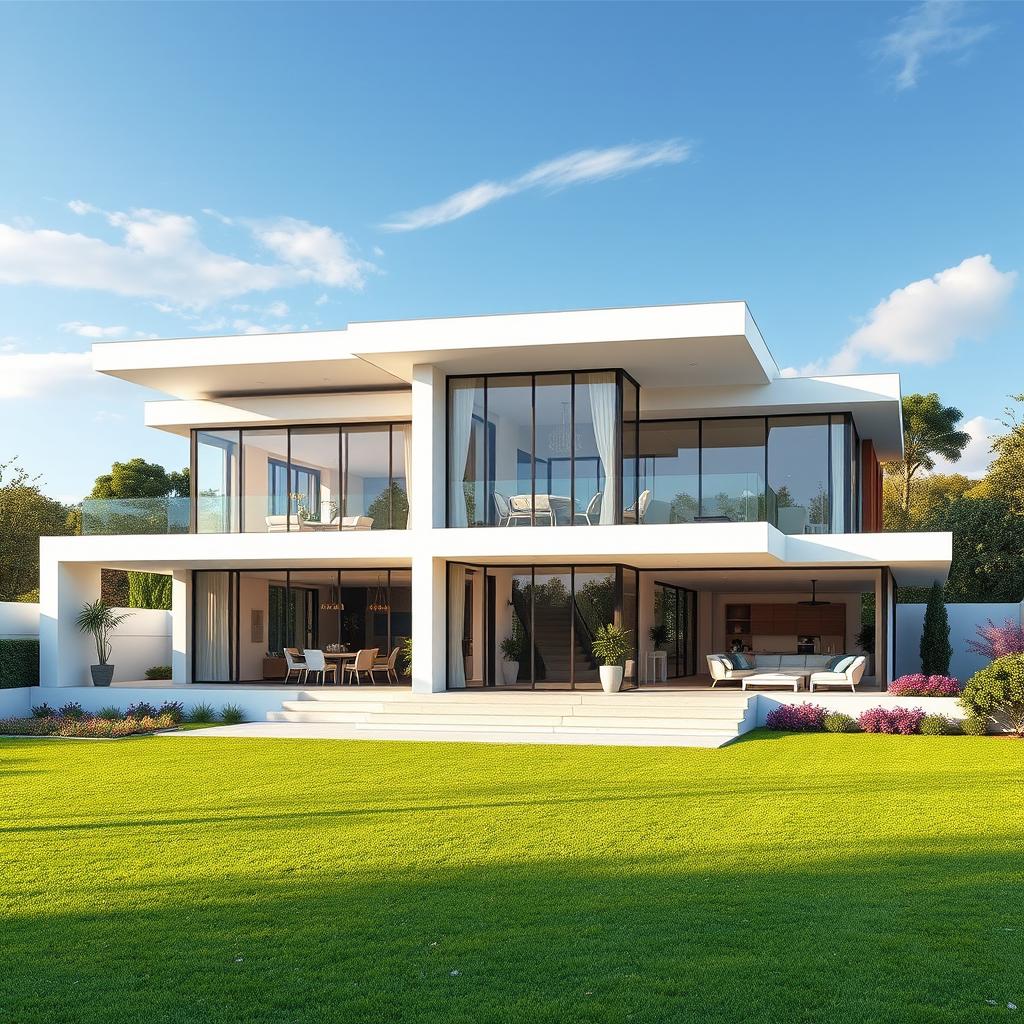 A magnificent 500-meter large modern house sitting on a sprawling 700-meter area, depicted in a beautiful landscape