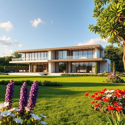 A magnificent 500-meter large modern house sitting on a sprawling 700-meter area, depicted in a beautiful landscape