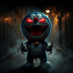 A dramatic and intense scene featuring a reimagined version of Doraemon as a dangerous, menacing figure
