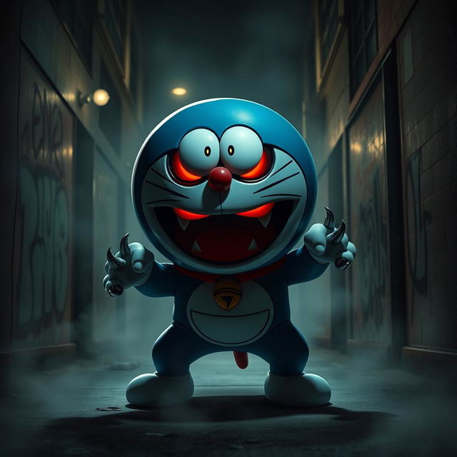 A dramatic and intense scene featuring a reimagined version of Doraemon as a dangerous, menacing figure