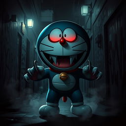 A dramatic and intense scene featuring a reimagined version of Doraemon as a dangerous, menacing figure