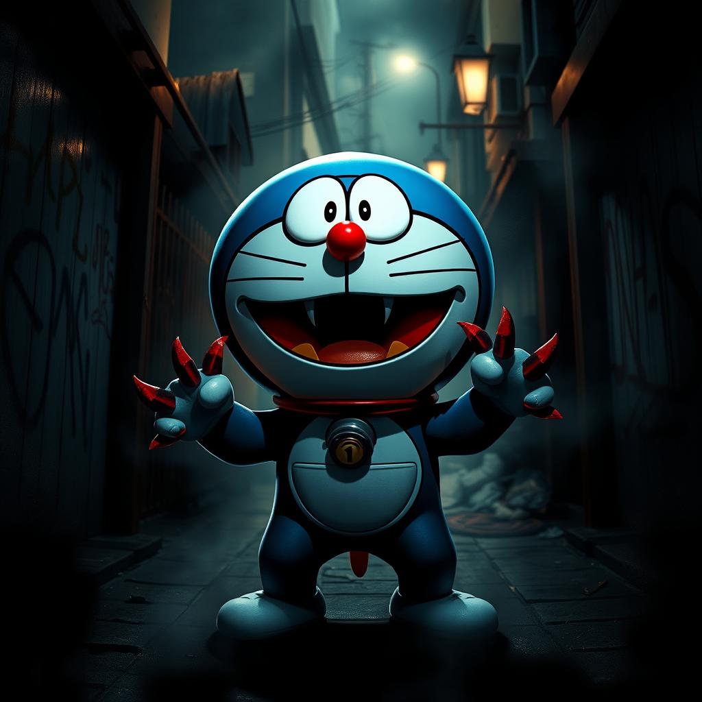 A dramatic and intense scene featuring a reimagined version of Doraemon as a dangerous, menacing figure