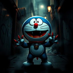 A dramatic and intense scene featuring a reimagined version of Doraemon as a dangerous, menacing figure