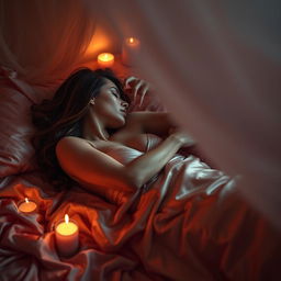 A sensual and artistic portrayal of two adults engaged in an intimate embrace on a luxurious silk bed, surrounded by soft candlelight, with delicate silk sheets draping elegantly