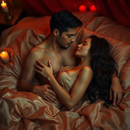 A sensual and artistic portrayal of two adults engaged in an intimate embrace on a luxurious silk bed, surrounded by soft candlelight, with delicate silk sheets draping elegantly