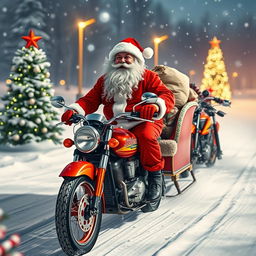 A whimsical Santa Claus in a vibrant red suit and hat, joyfully driving a sleigh pulled by powerful motorcycles instead of traditional reindeer