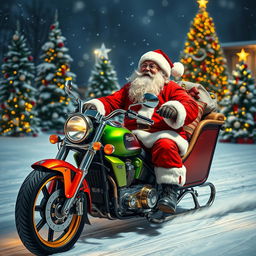 A whimsical Santa Claus in a vibrant red suit and hat, joyfully driving a sleigh pulled by powerful motorcycles instead of traditional reindeer
