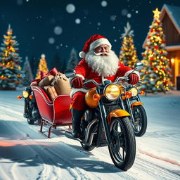 A whimsical Santa Claus in a vibrant red suit and hat, joyfully driving a sleigh pulled by powerful motorcycles instead of traditional reindeer