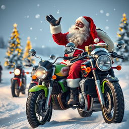 A whimsical Santa Claus in a vibrant red suit and hat, joyfully driving a sleigh pulled by powerful motorcycles instead of traditional reindeer