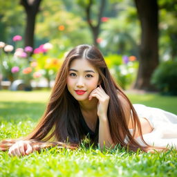 A beautiful Korean woman in an elegant and enchanting style, lying on the grass in a park, with very long hair, facing the camera