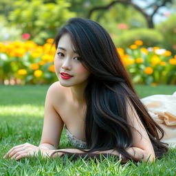 A beautiful Korean woman in an elegant and enchanting style, lying on the grass in a park, with very long hair, facing the camera