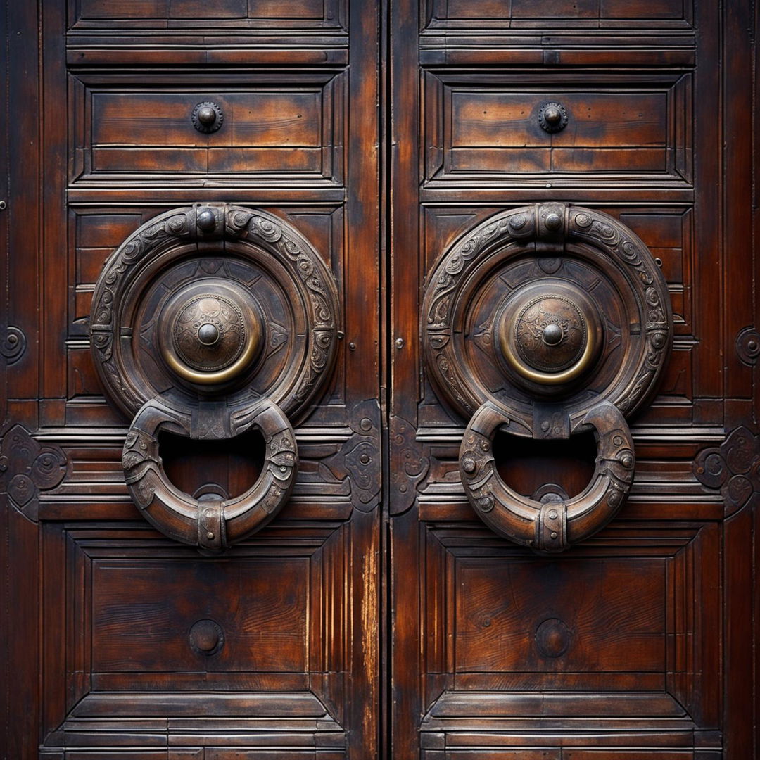 A high-quality photograph of a weathered wooden door with two large, ornate brass door knockers