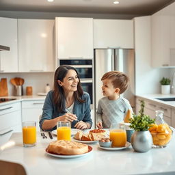 A heartwarming scene in a completely modern kitchen filled with state-of-the-art appliances and stylish design elements