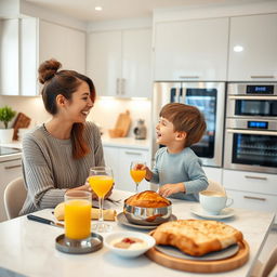 A heartwarming scene in a completely modern kitchen filled with state-of-the-art appliances and stylish design elements