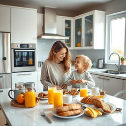A heartwarming scene in a completely modern kitchen filled with state-of-the-art appliances and stylish design elements