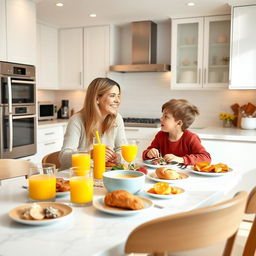 A heartwarming scene in a completely modern kitchen filled with state-of-the-art appliances and stylish design elements