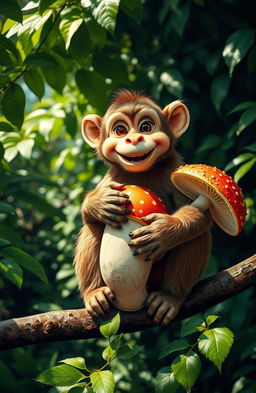 A playful monkey sitting on a branch, holding a giant mushroom in its hands and paws, with a cheerful expression