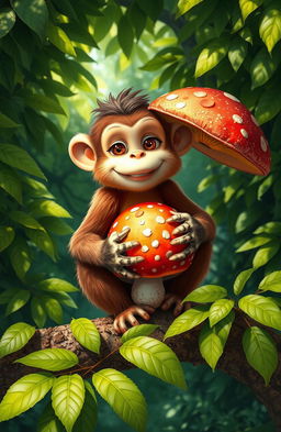 A playful monkey sitting on a branch, holding a giant mushroom in its hands and paws, with a cheerful expression