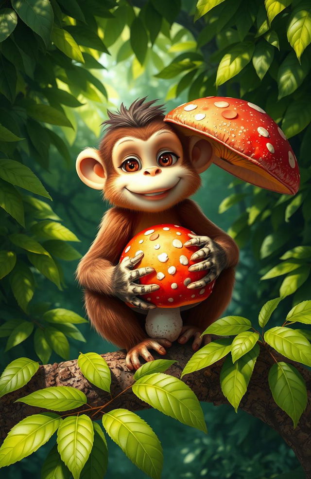 A playful monkey sitting on a branch, holding a giant mushroom in its hands and paws, with a cheerful expression