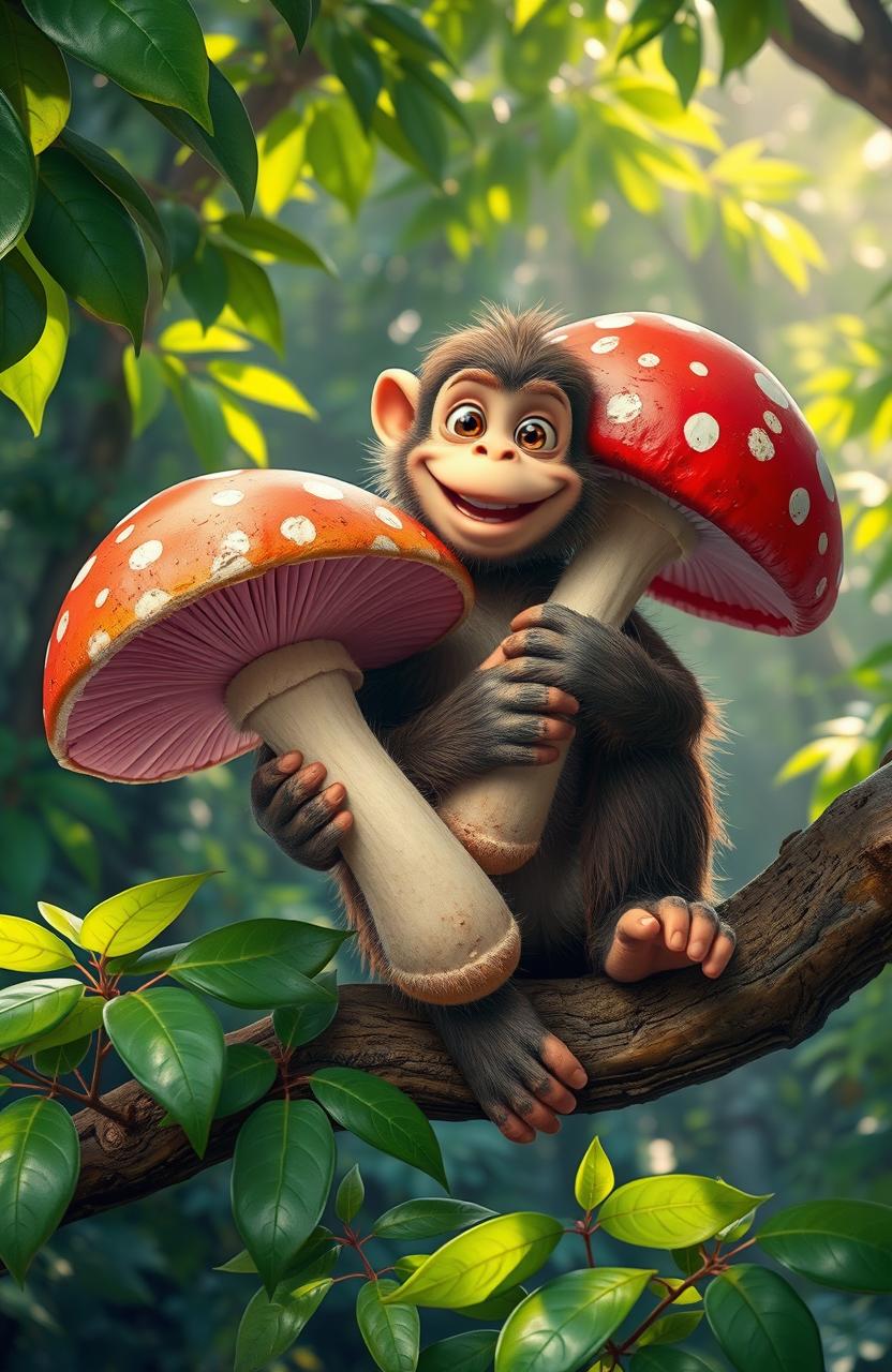 A playful monkey sitting on a branch, holding a giant mushroom in its hands and paws, with a cheerful expression