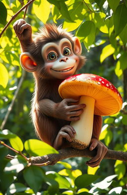 A playful monkey sitting on a branch, holding a giant mushroom in its hands and paws, with a cheerful expression