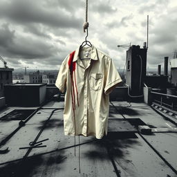 A striking graphic design image featuring a rooftop scene in black and white