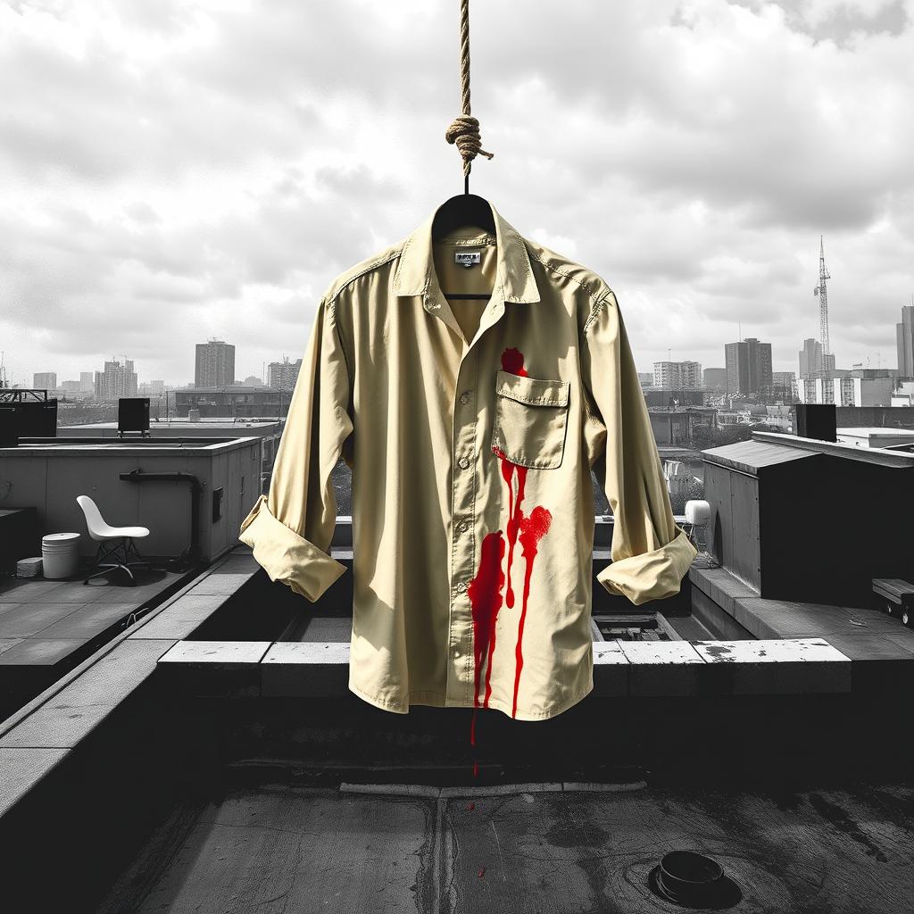 A striking graphic design image featuring a rooftop scene in black and white